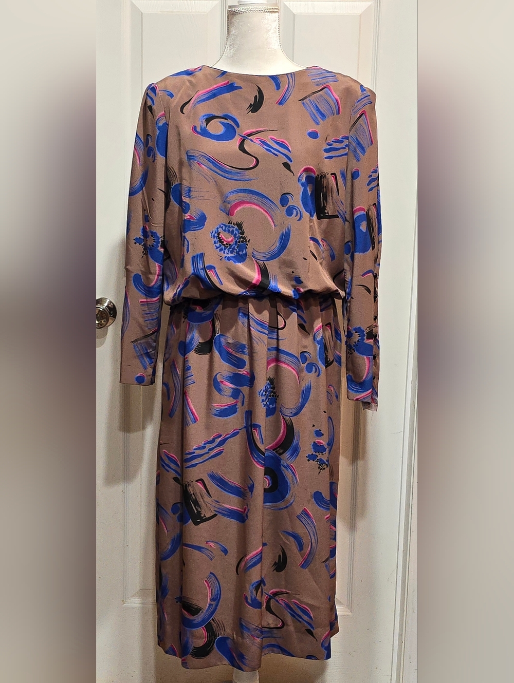Vintage Henry Lee Abstract Print Brown Midi Dress Blue and Pink Accent Size 8/10